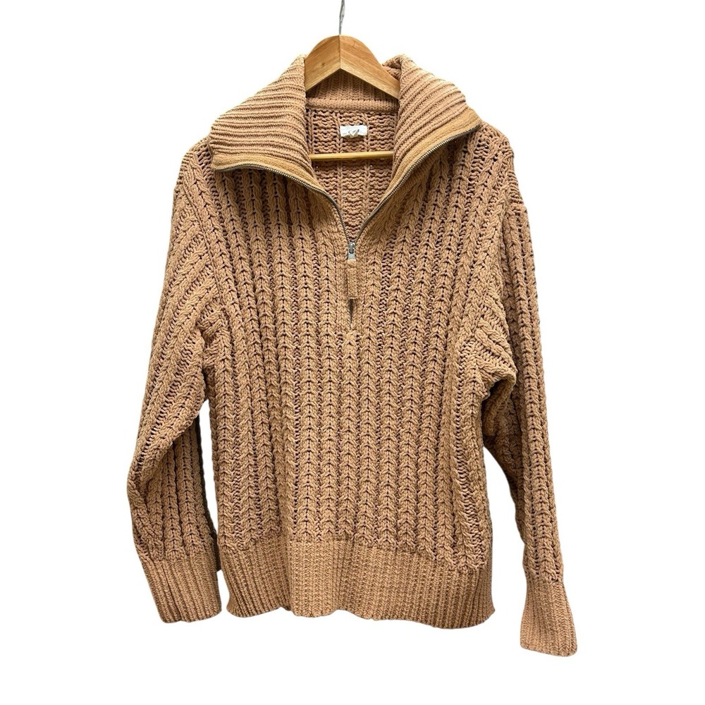 Aerie Women's Cable Knit Quarter Zip Sweater Medium Camel Brown‎ Cozy Pullover